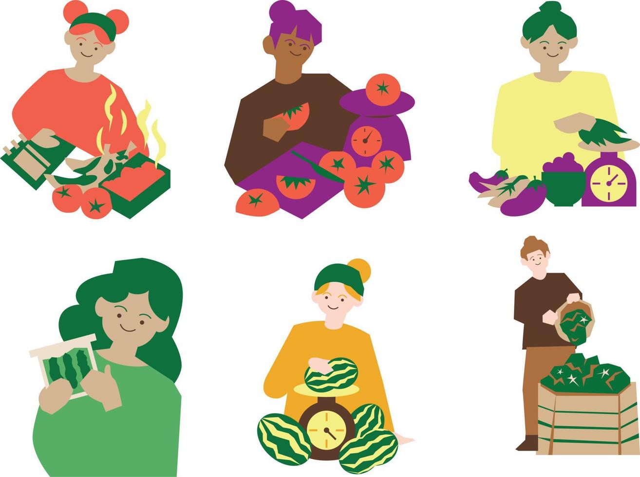 conjunto de personas con Fruta y vegetales. vector ilustración en plano estilo