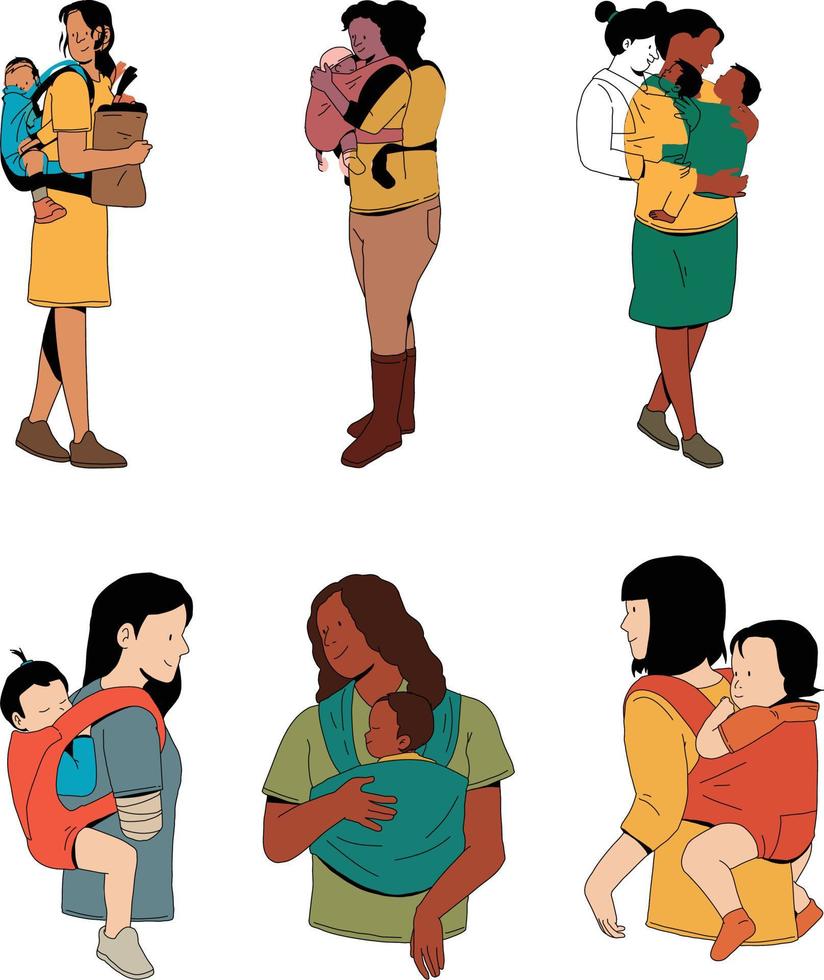 Set of different mothers and children in different poses. Vector illustration.