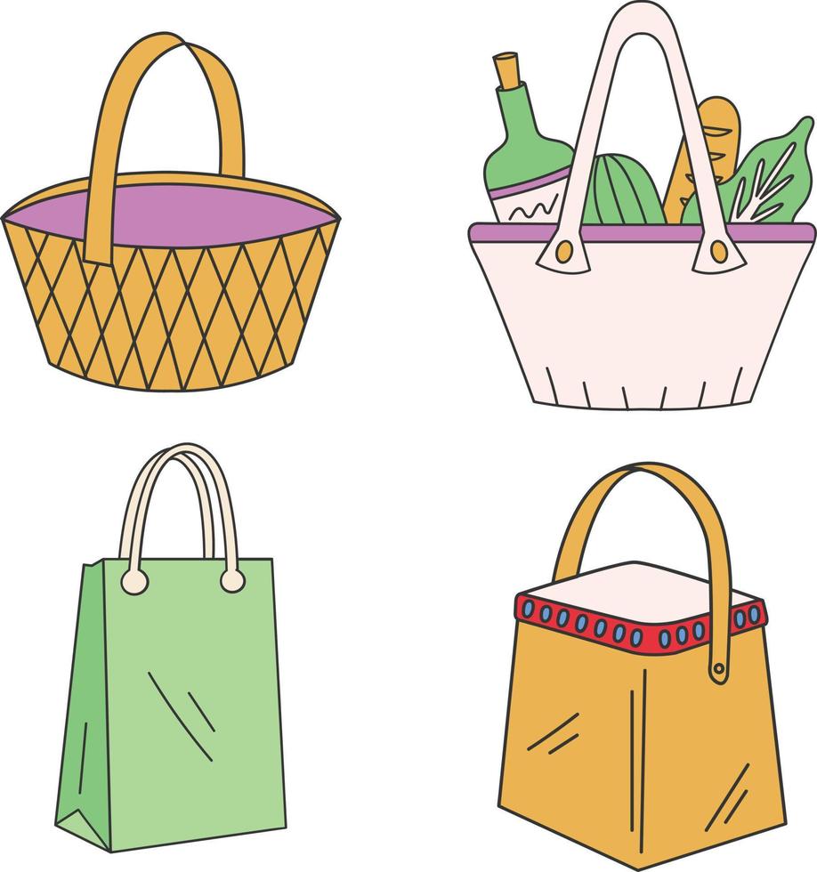 Set of hand drawn shopping bags and wine bottles. Vector illustration.