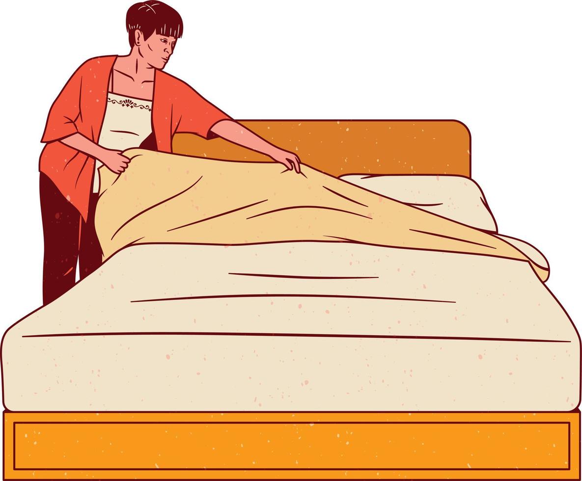 Man sleeping on big bed. Male character in pajamas. Vector illustration