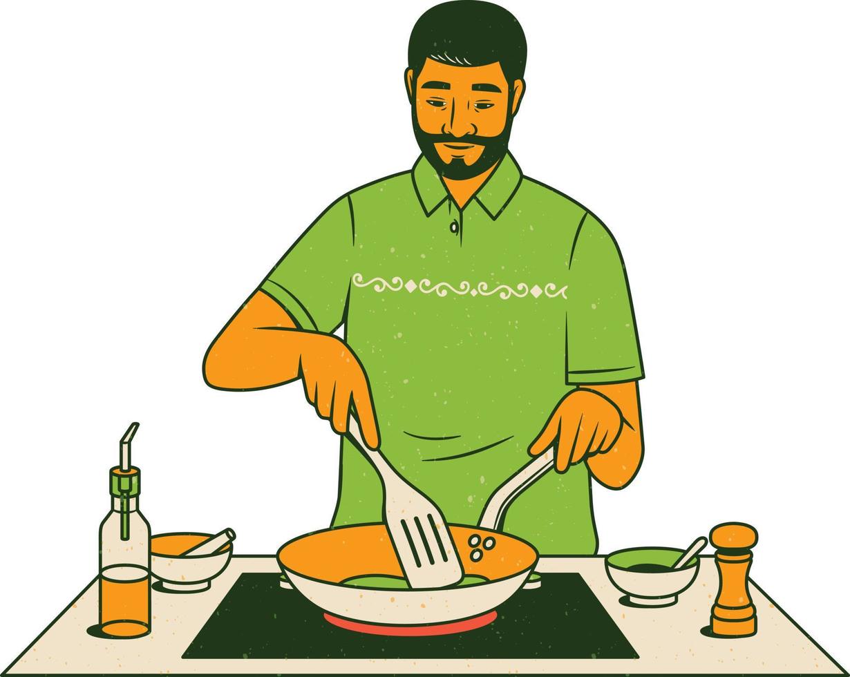 hombre Cocinando comida en el cocina. vector ilustración en dibujos animados estilo.