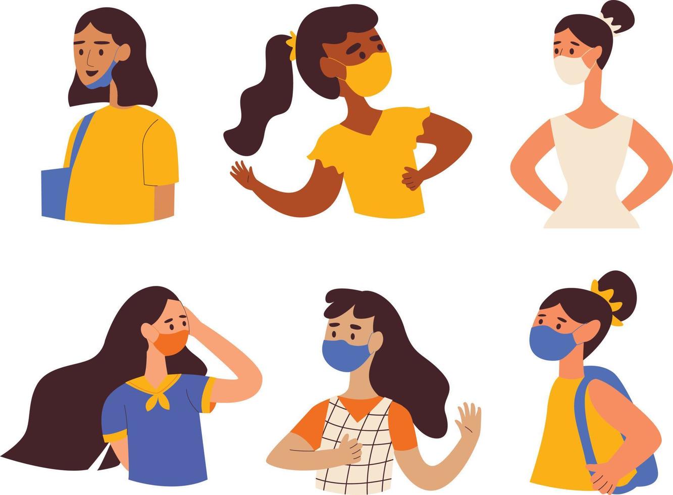 Set of different women in medical masks. Vector illustration in cartoon style