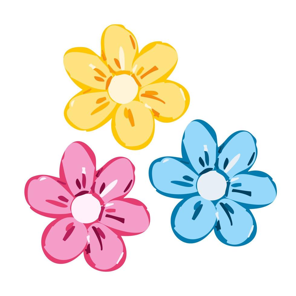 Set of colorful hand drawn summer flowers. Cute yellow, blue and pink decorative botanical elements. Flat vector illustration.