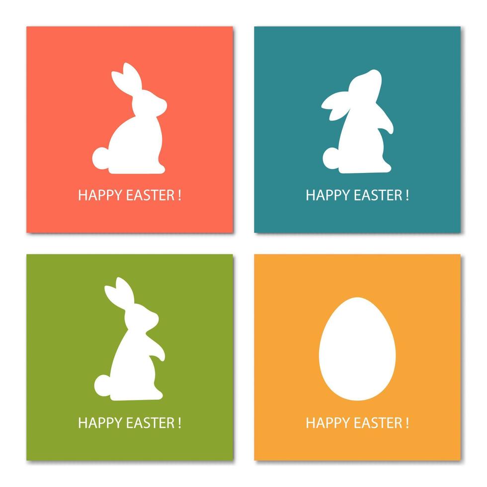 Happy Easter. Set of Easter greeting card with egg and bunny silhouette. White rabbits and egg on color background. Vector minimalistic illustration.