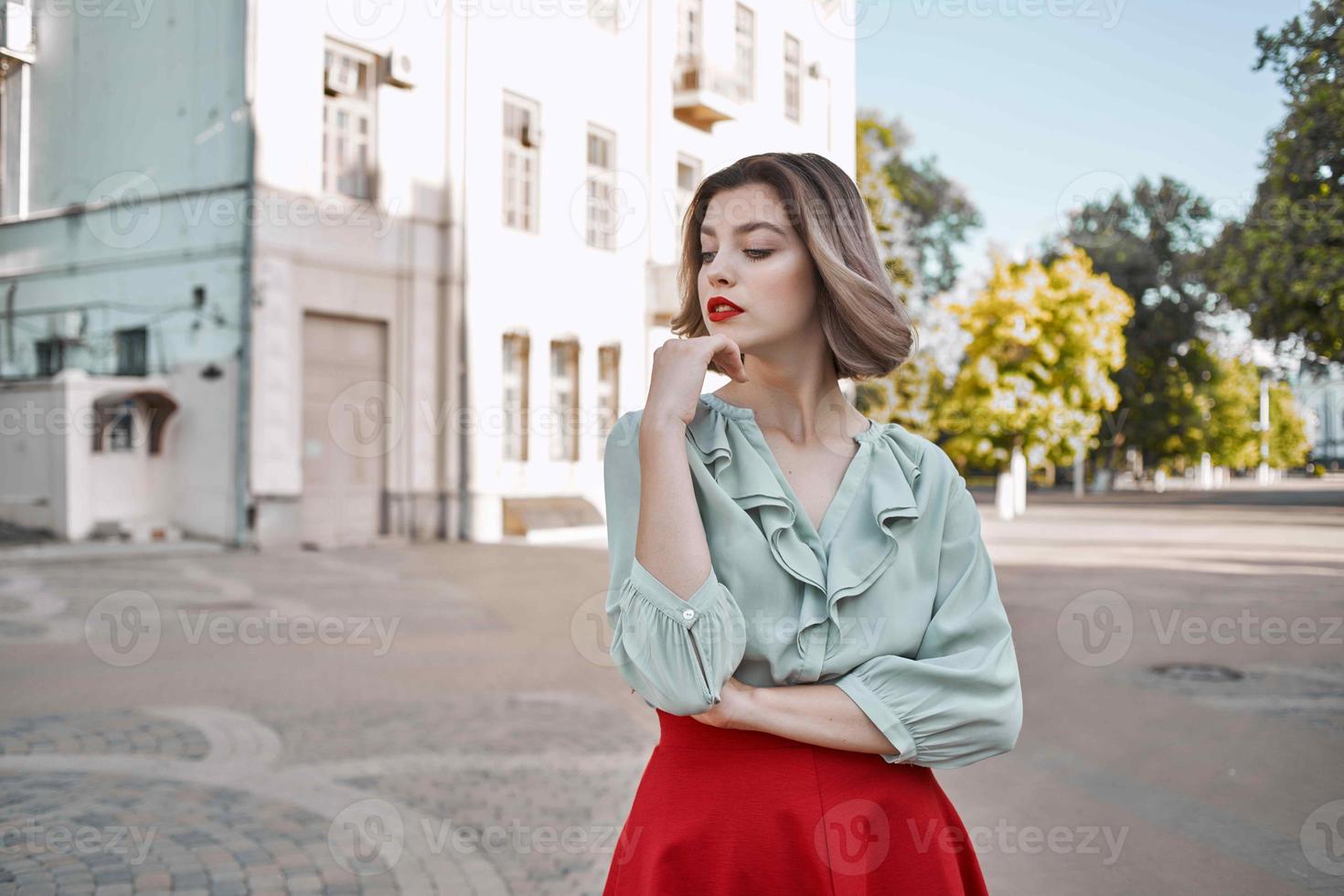 cute blonde red skirt outdoors outdoors square walk photo