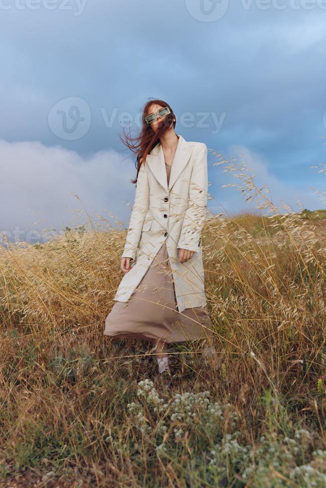 woman wheat countryside landscape freedom sunny day photo