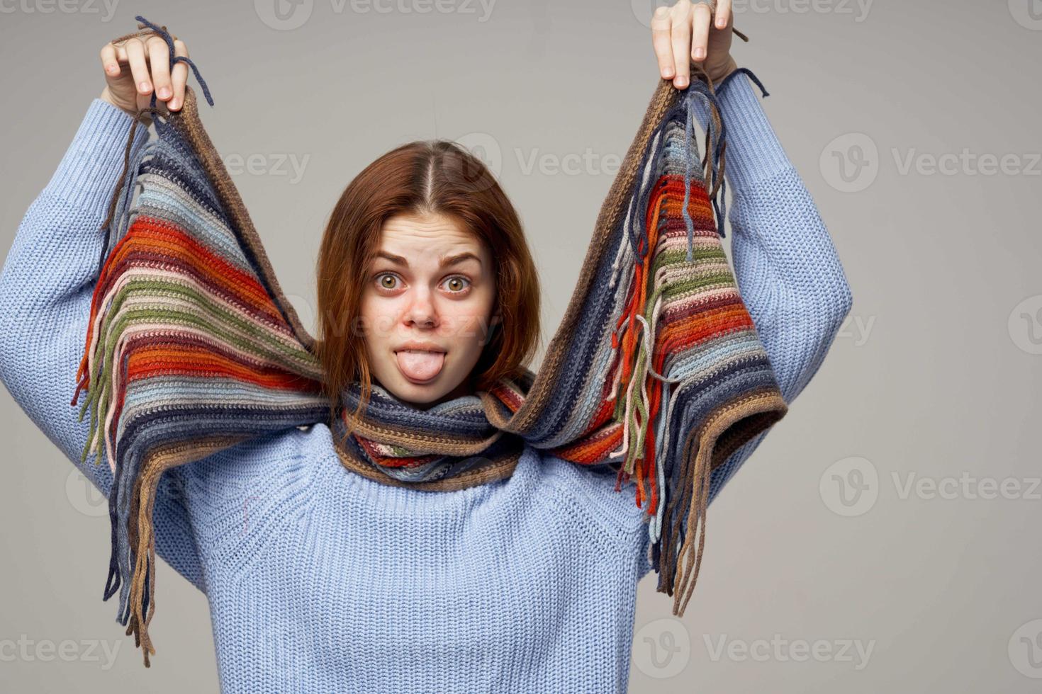 sick woman health problems temperature light background photo