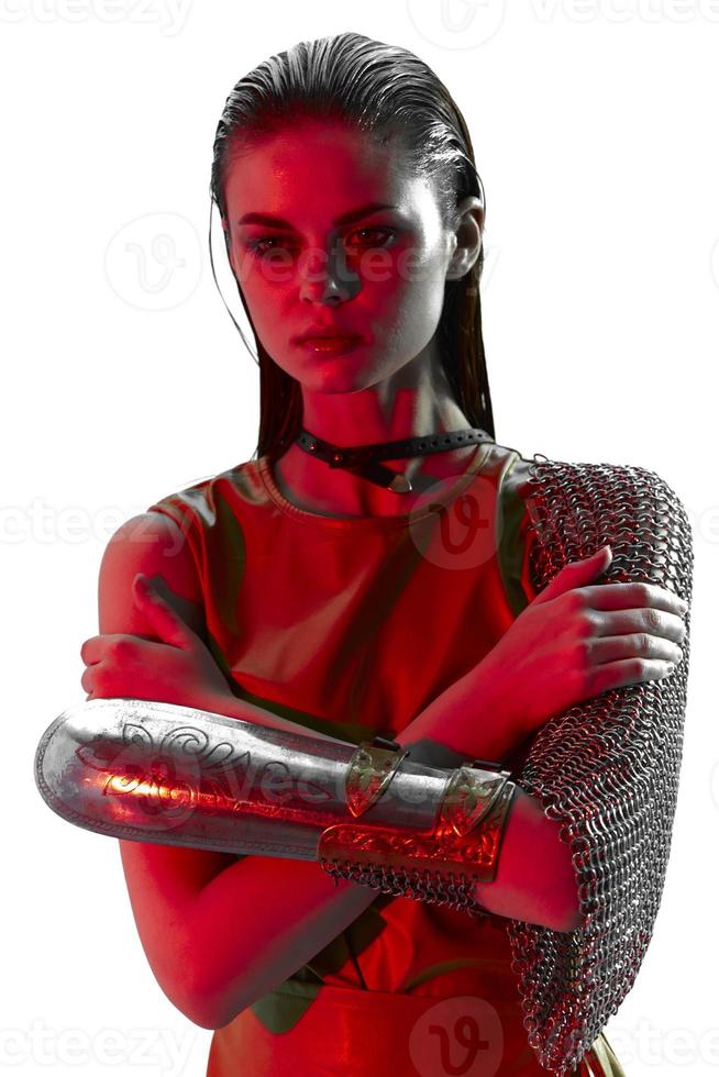 young woman in dress arm in armor chain mail protection unaltered photo