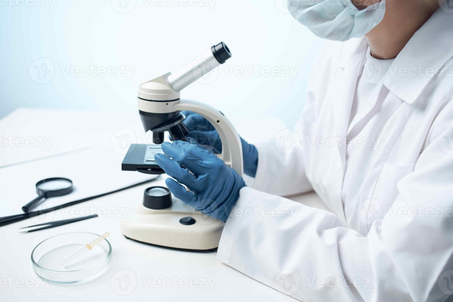 woman laboratory assistant microscope science technology professional research photo