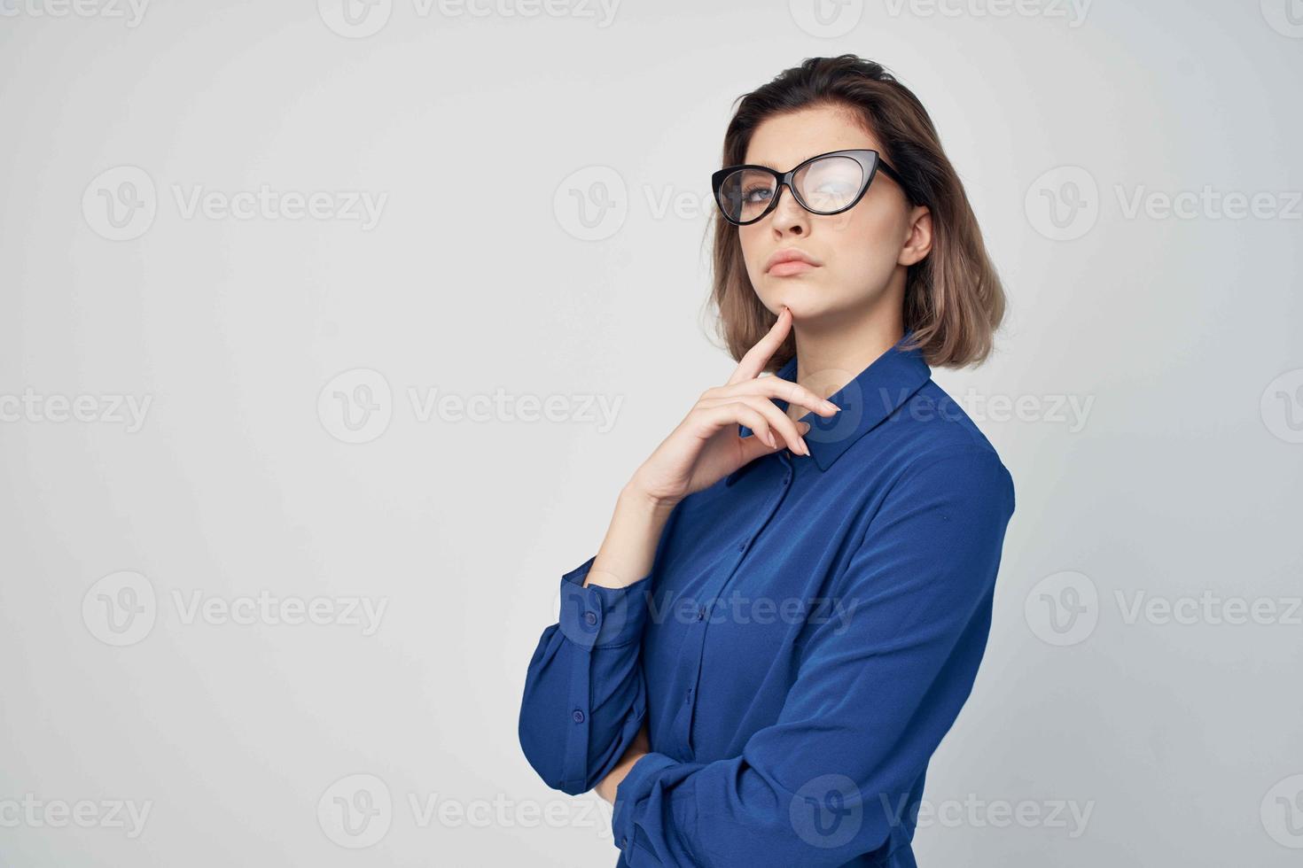 Business woman wearing glasses blue shirt fashion elegant style photo