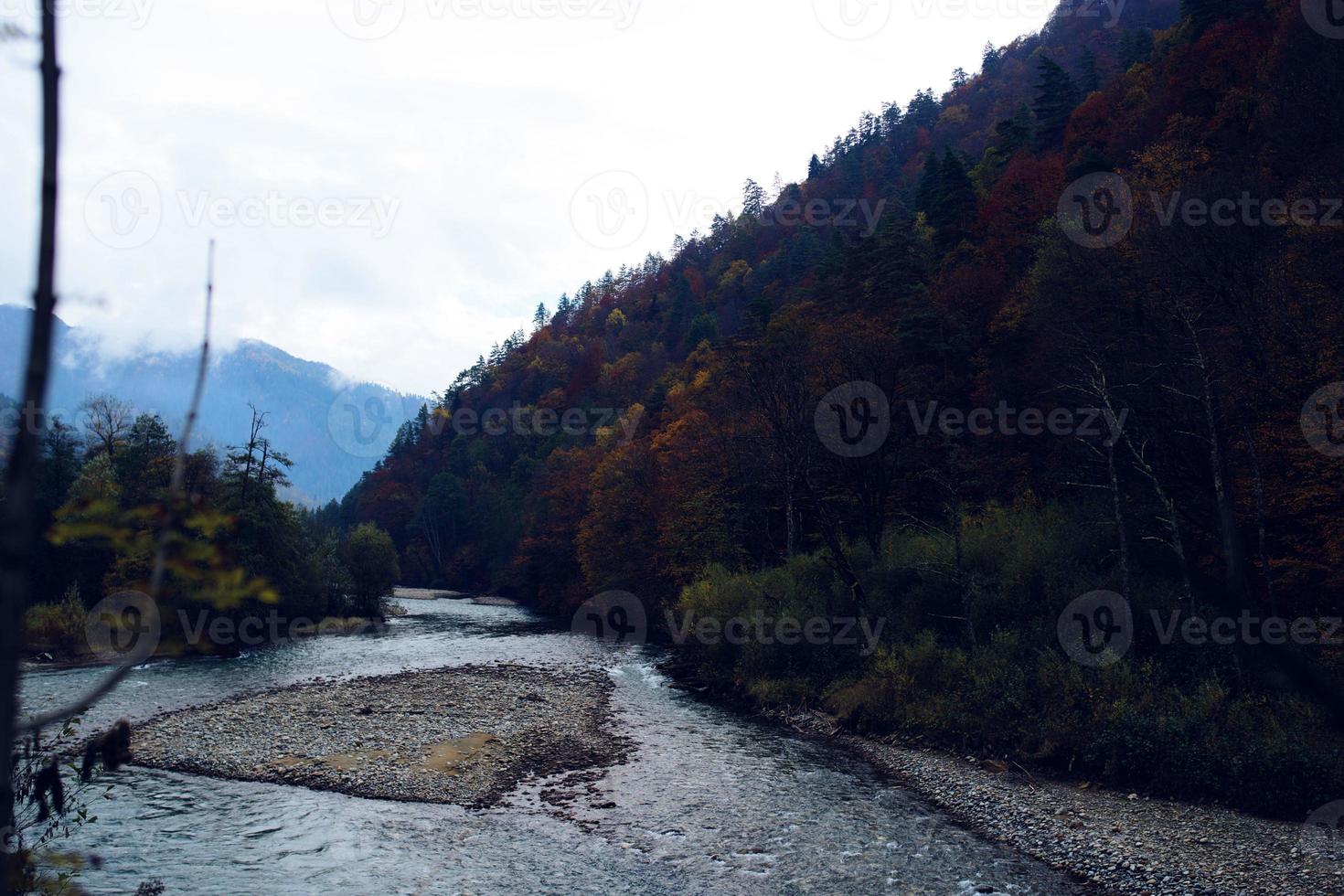 high forest mountains autumn river beautiful landscape photo