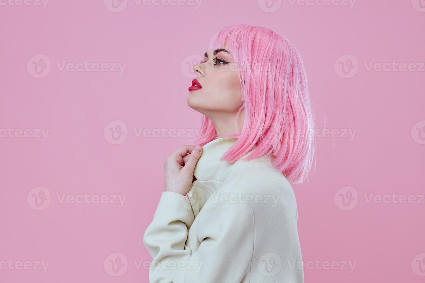 Beautiful fashionable girl modern style pink hair Red lips fashion color background unaltered photo