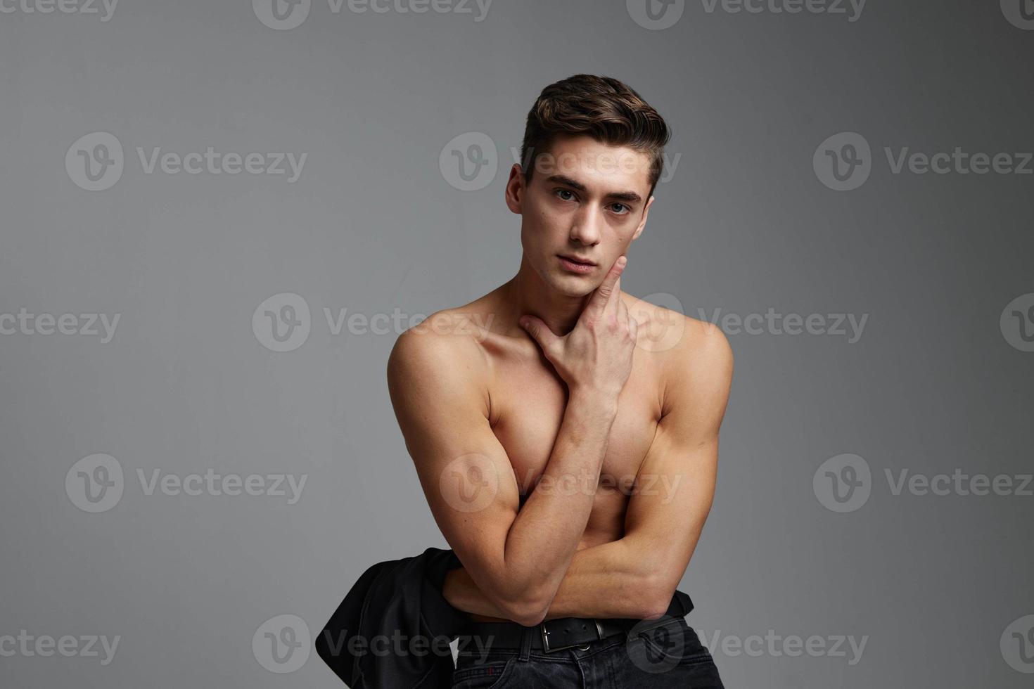 Handsome male topless muscular body cropped view attractiveness photo