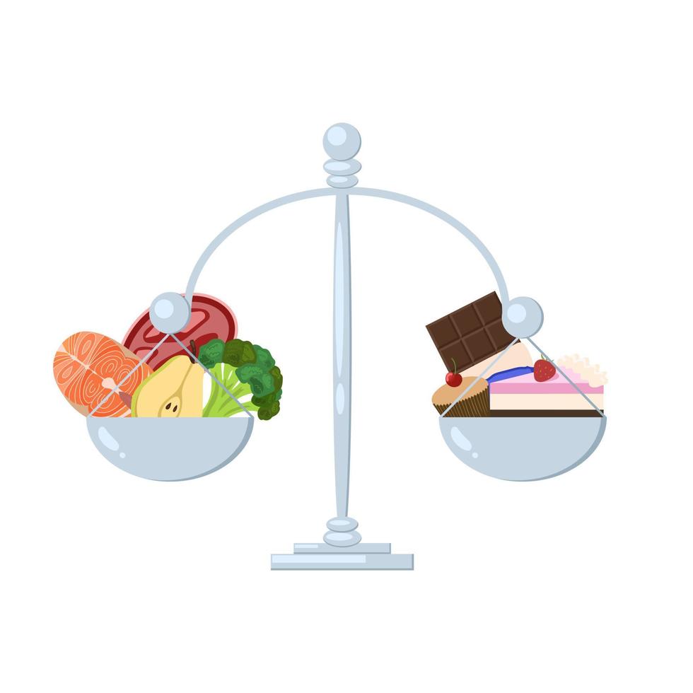 Balancing scale with the healthy food on the on side and unhealthy food ...