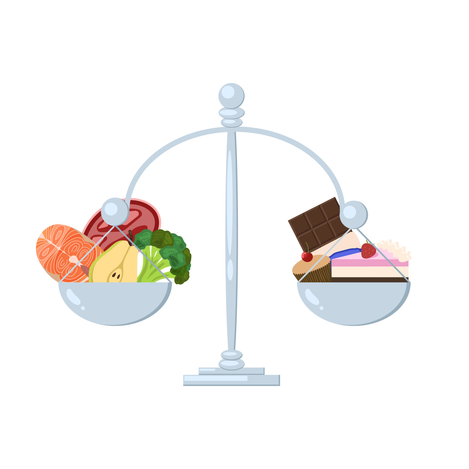 Balancing scale with the healthy food on the on side and unhealthy food on  the other side. Balancing scale with food on the white background. 22643227  Vector Art at Vecteezy