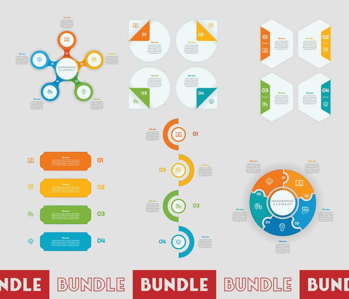 Infographic bundle set with 4, 5 steps, options or processes for workflow layout, diagram, annual report, presentation and web design. vector