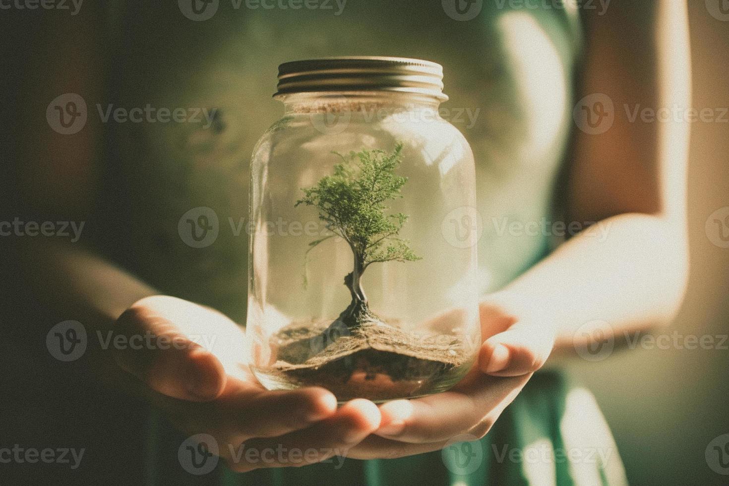 Woman holding an actual jar with a tree plant inside. Earth day concept. photo