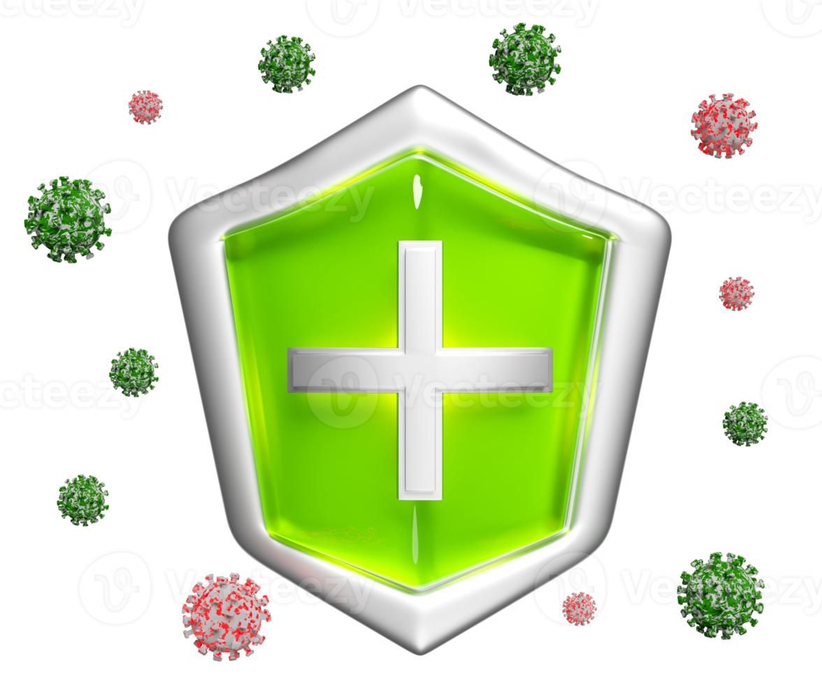3d bacteria protection, icon for health protection green shield with cross, anti germ defence, health insurance, health protected metal shield symbol isolated. 3d render png