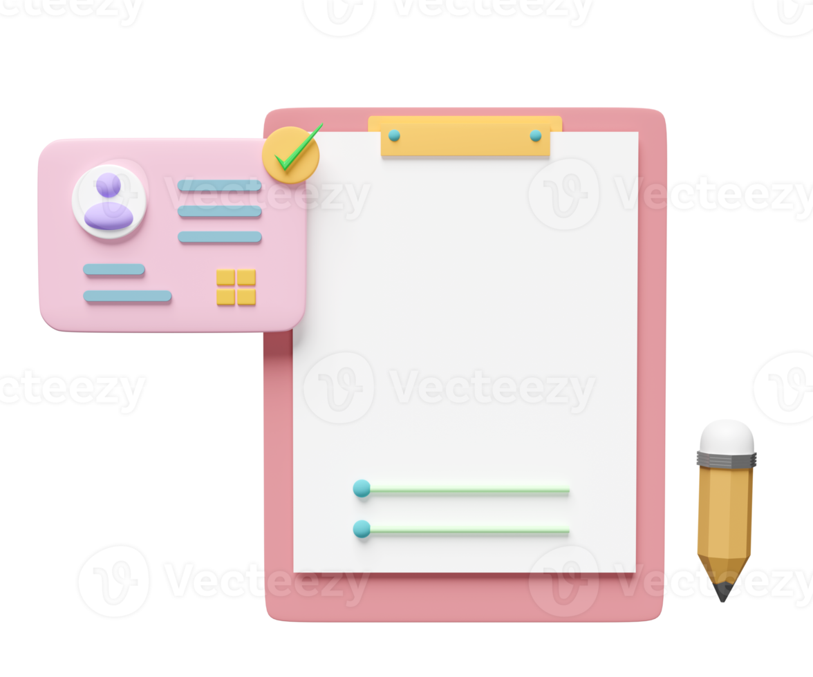 3d id carta con lista di controllo carta, appunti, matita isolato. reclutamento personale, umano risorse, lavoro ricerca, lavoro applicazione, modello, concetto, 3d rendere illustrazione png