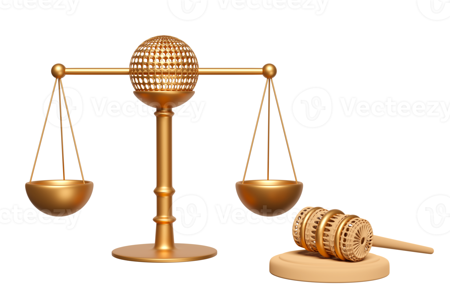 Justice Balance 3d avec en bois juge marteau, marteau enchères rester, icône isolé. loi, Justice système symbole concept, 3d rendre illustration png