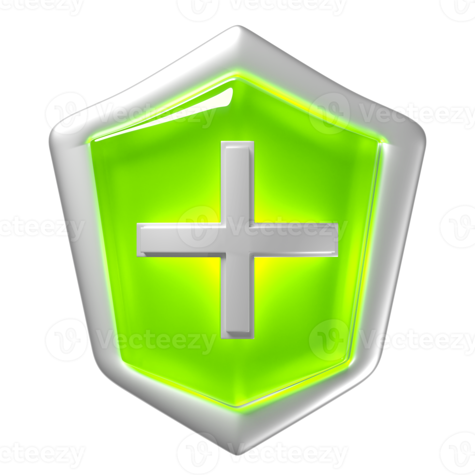 3d icon for health protection green shield with cross, bacteria protection, anti germ defence, health insurance, health protected metal shield symbol isolated. 3d render png