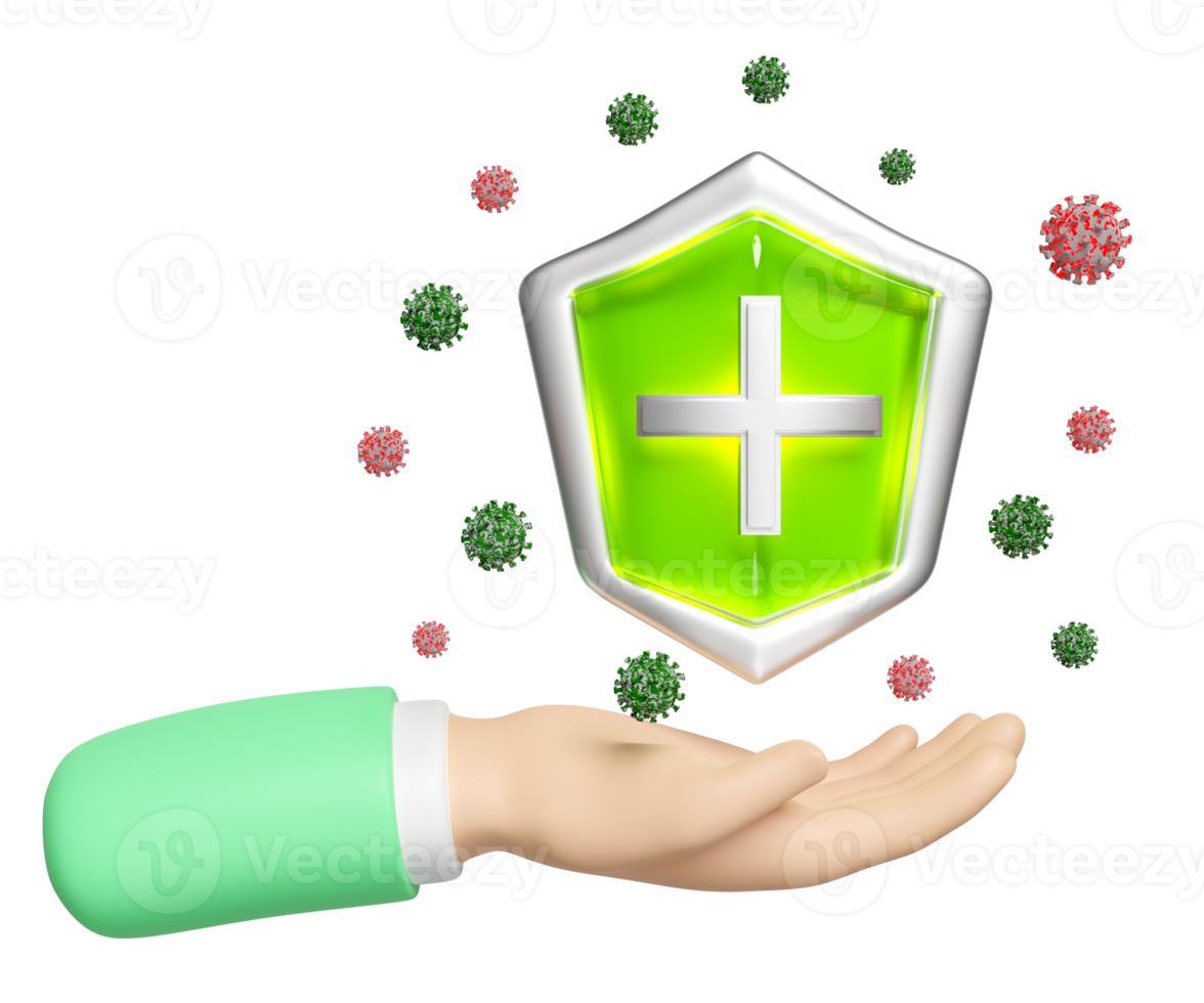 3d bacteria protection, icon for health protection with hand hold green shield, cross, anti germ defence, health insurance, health protected metal shield symbol isolated. 3d render png