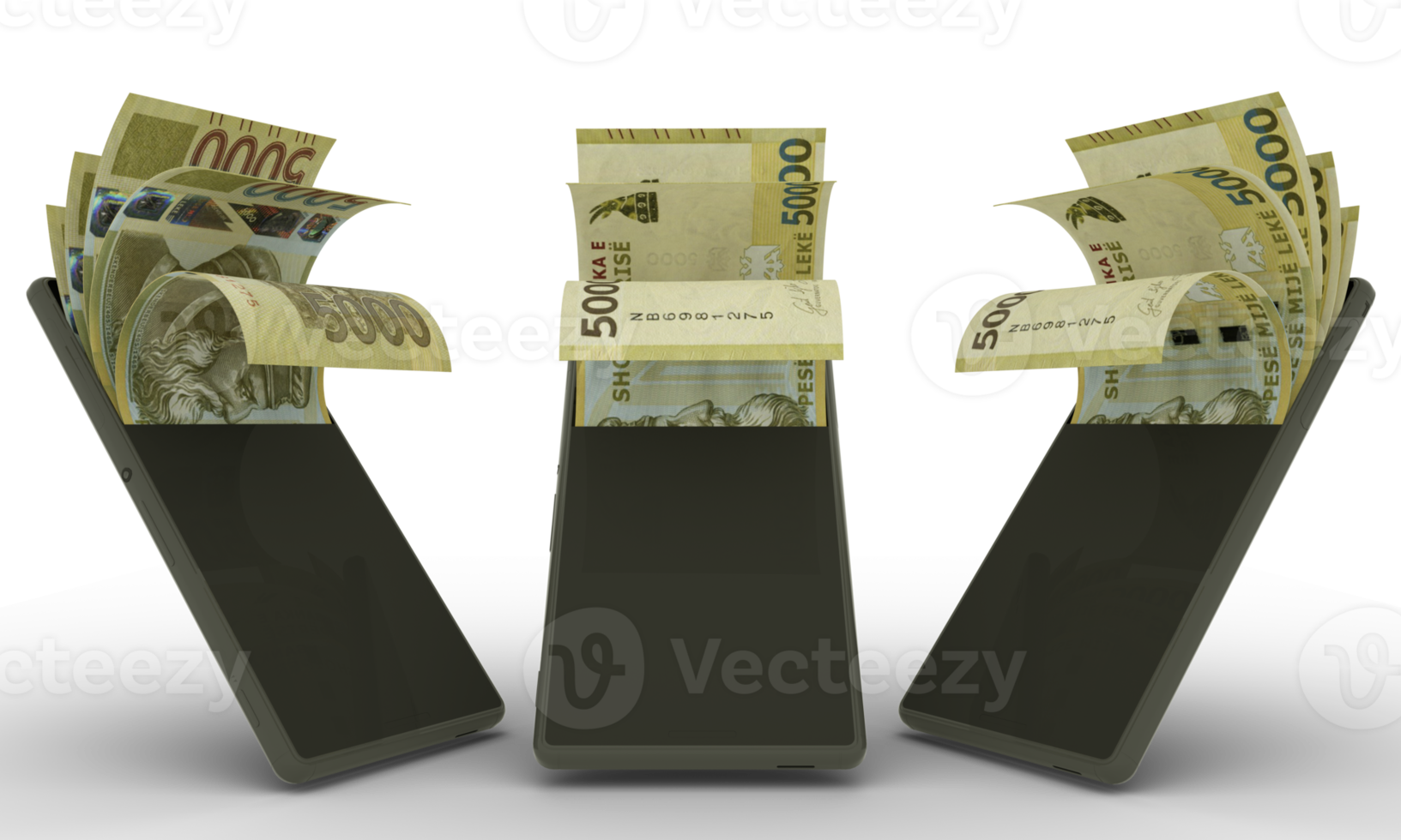 Albanian lek notes inside a mobile phone. money coming out of mobile phone. 3d rendering of set of mobile money transaction concept. money from Phone. money from Phone png