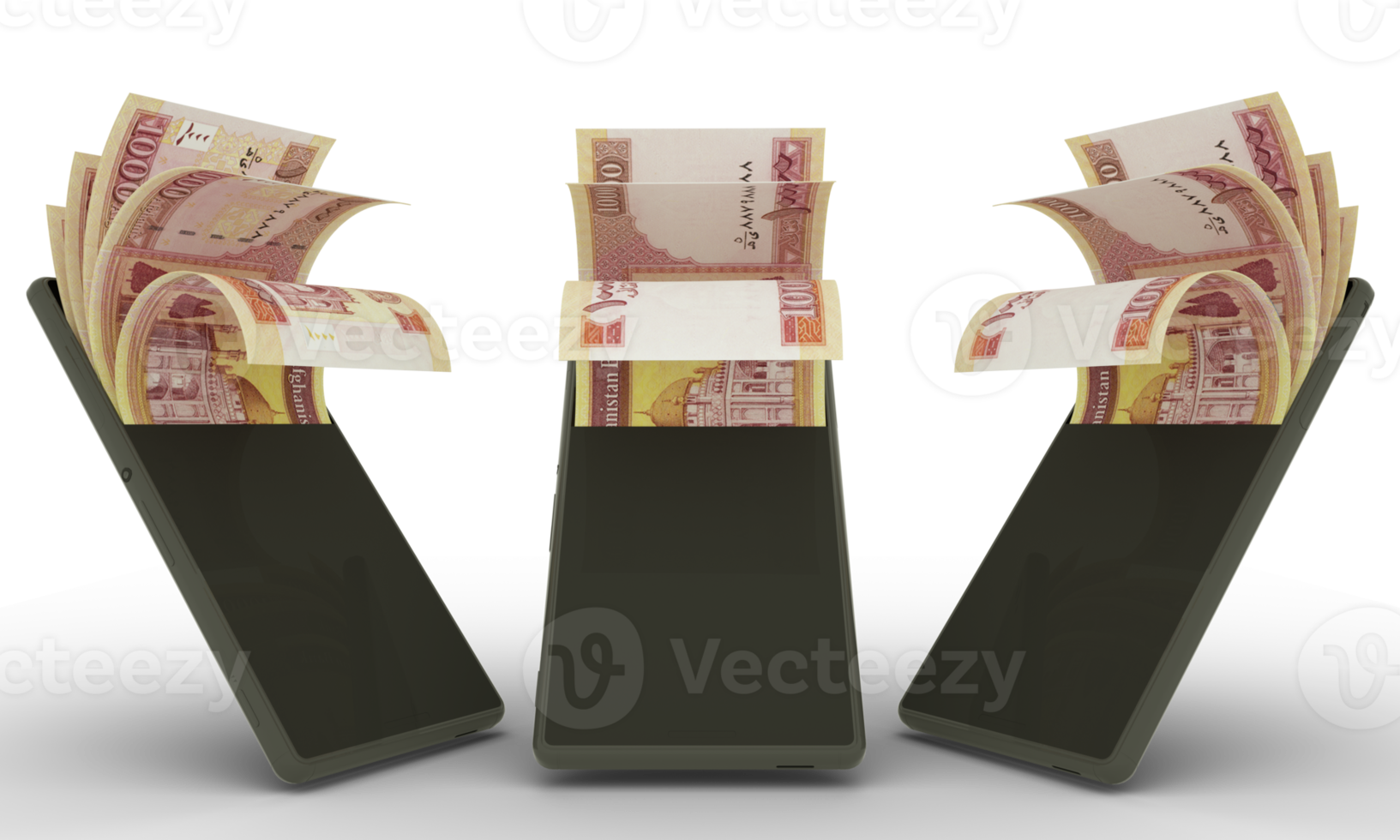 Afghan Afghanis notes inside a mobile phone. money coming out of mobile phone. 3d rendering of set of mobile money transaction concept. money from Phone png