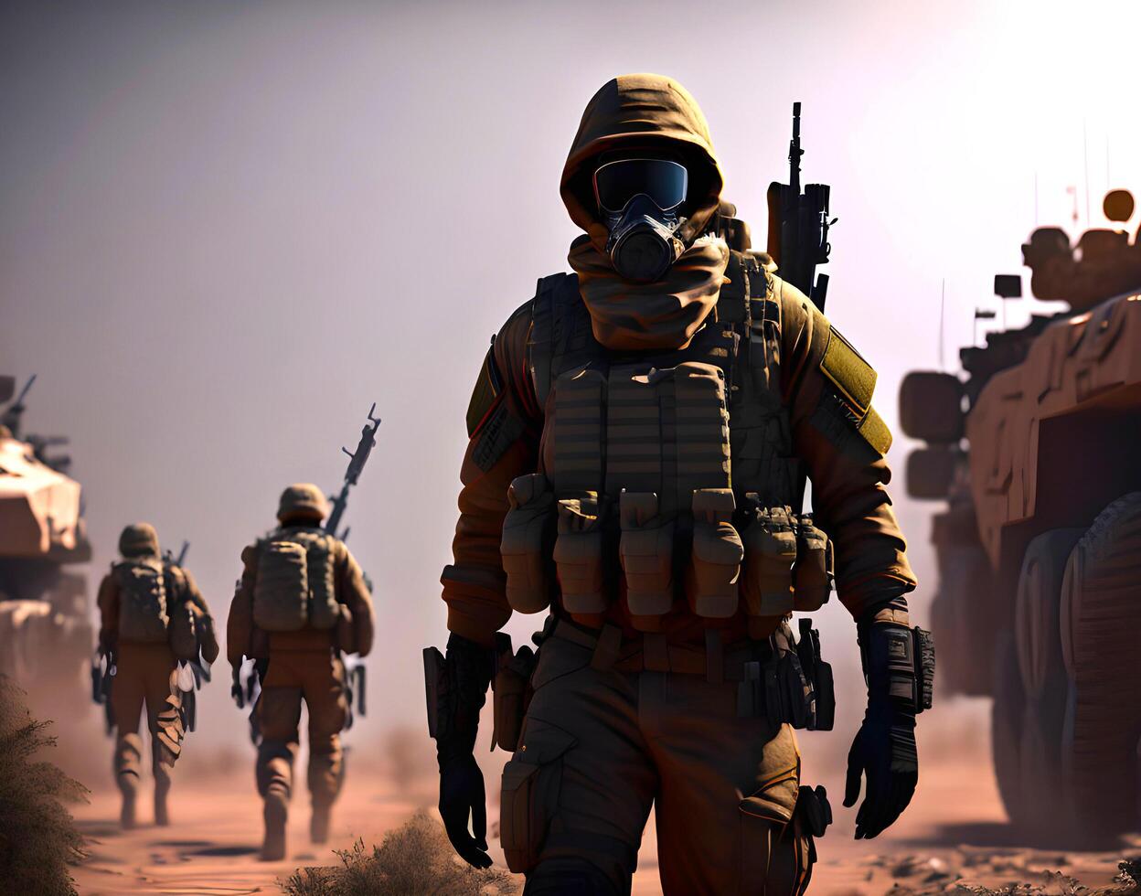 Soldier with full mask standing in battlefield created by . photo