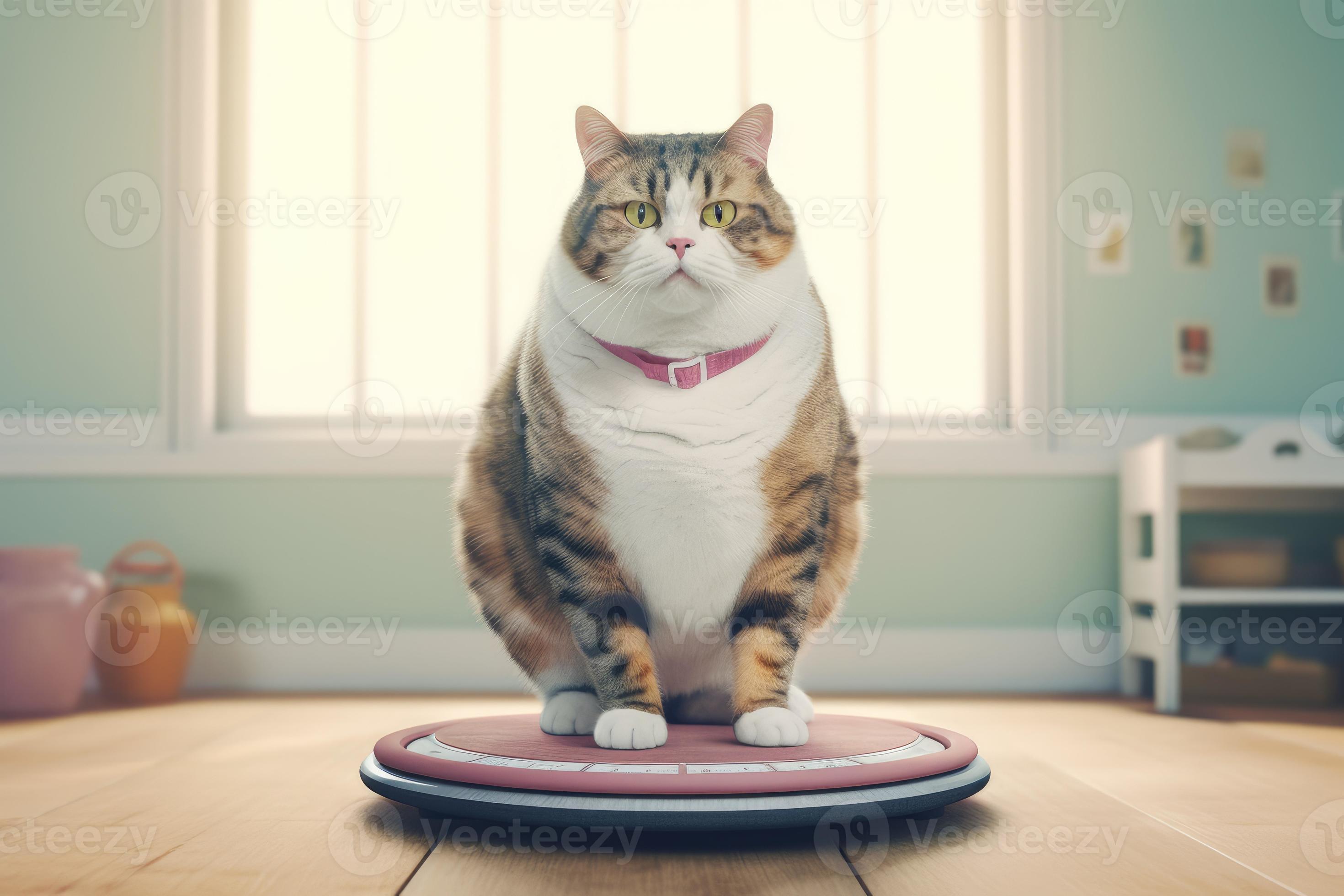 Fat cat on scales on white background. Weight control concept. Copy space.  Stock Photo