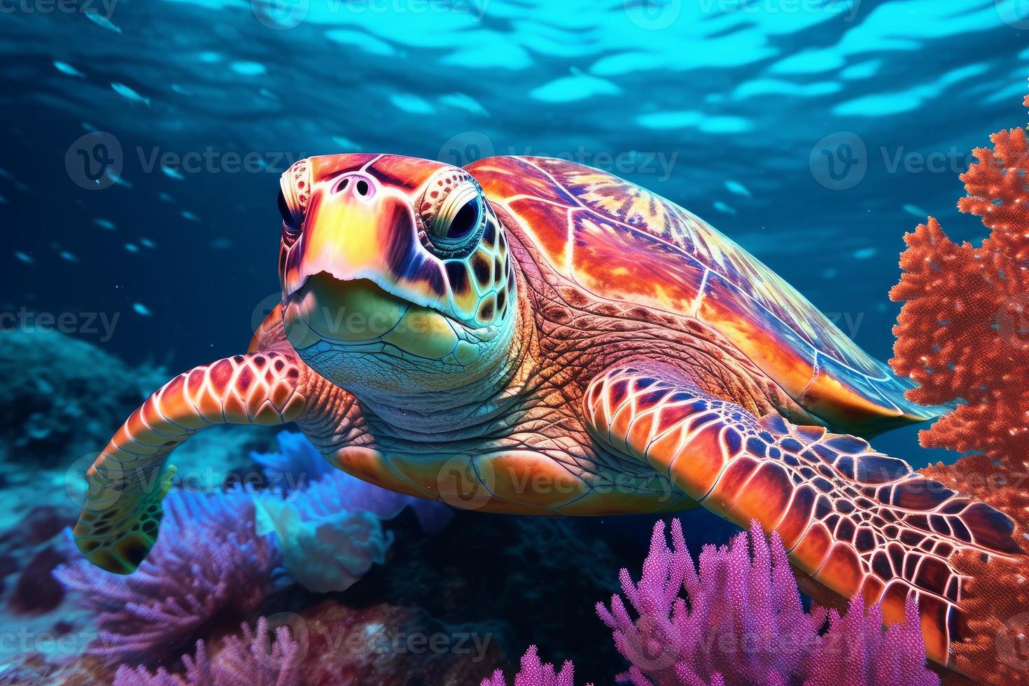 Colorful underwater sea turtle. Generate Ai photo