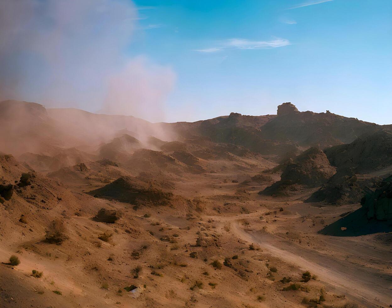 Smoky Battle Field created by . Dirt dry road with clear blue sky in sunny day. photo