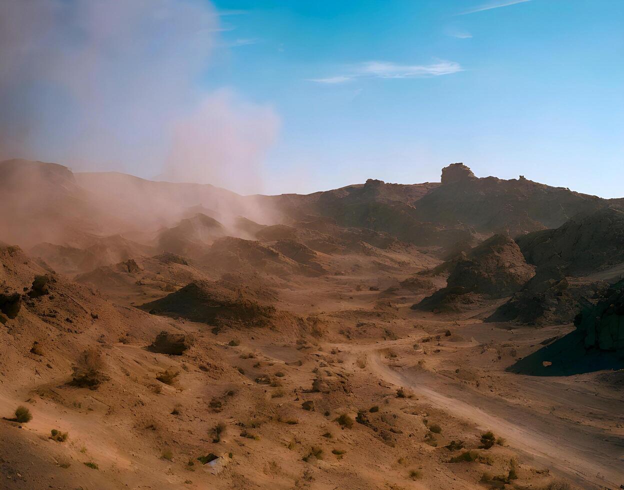 ahumado batalla campo creado por generativo ai. suciedad seco la carretera con claro azul cielo en soleado día. foto