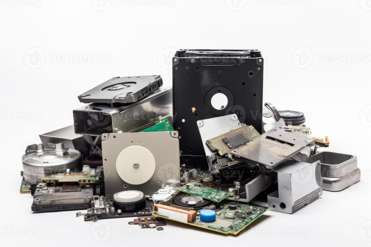 Old hard disks and motherboard. Generate Ai photo