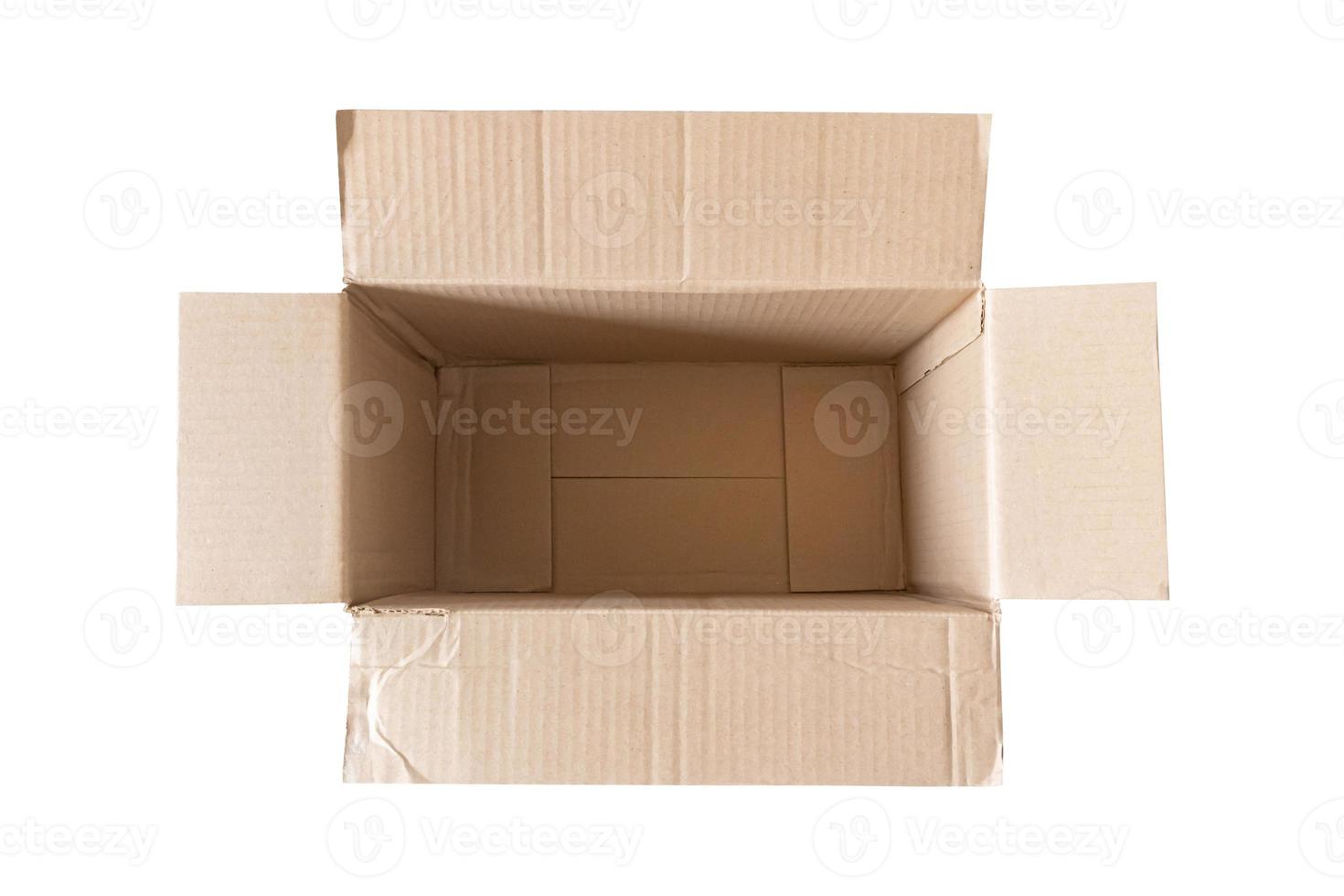Open empty brown cardboard box isolated on white background top view photo