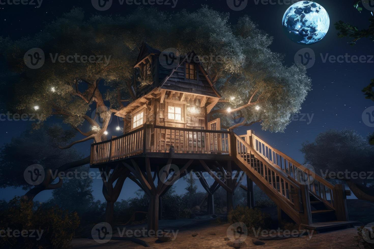 Tree house moon night. Generate Ai photo