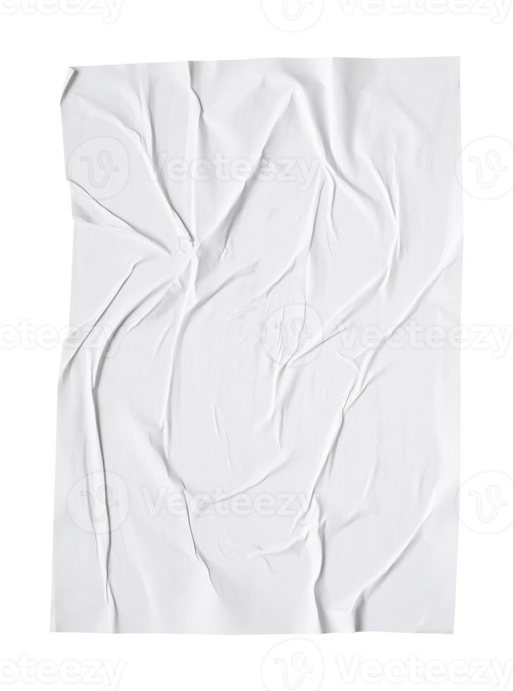 Blank white crumpled and creased paper sticker poster texture isolated on white background photo