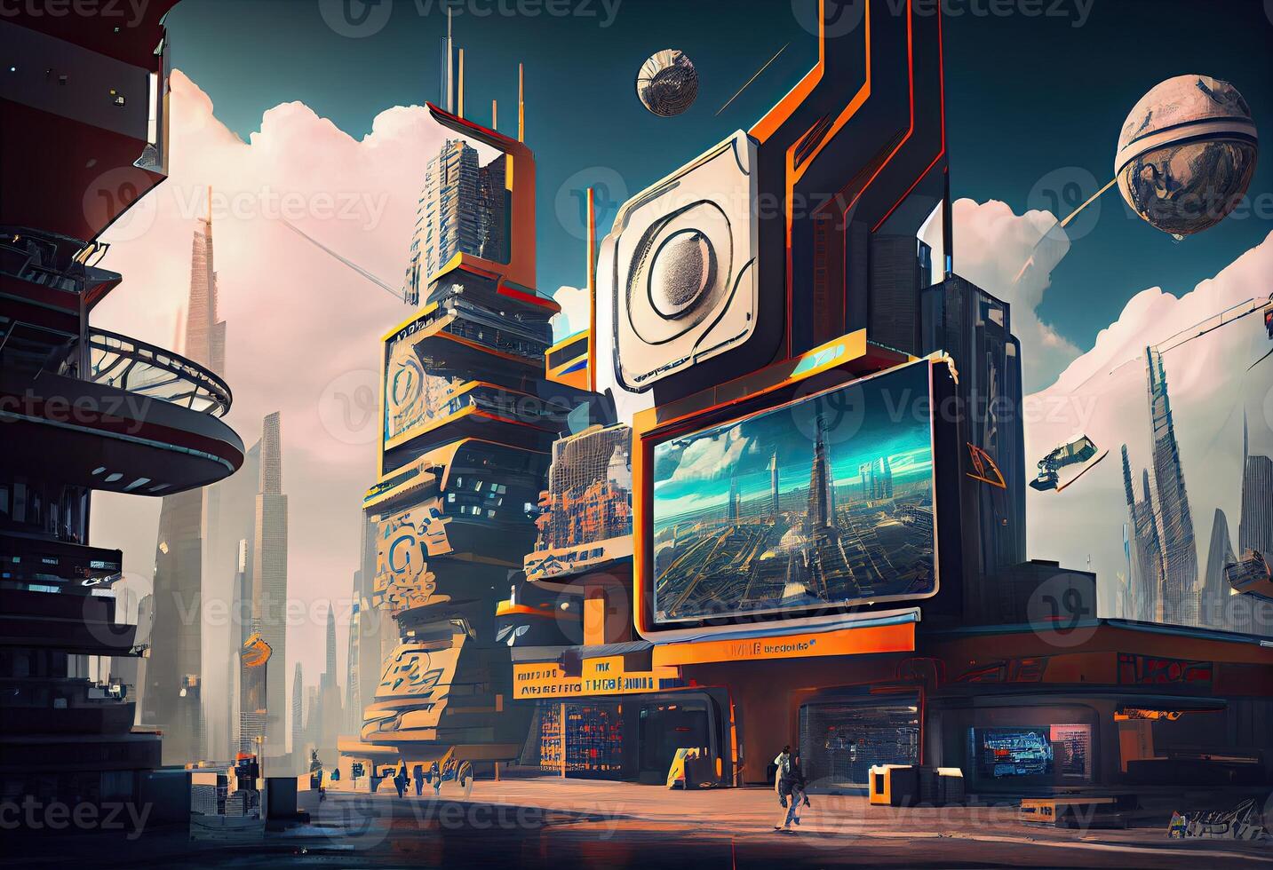 Futuristic city with billboards . Generate Ai. photo