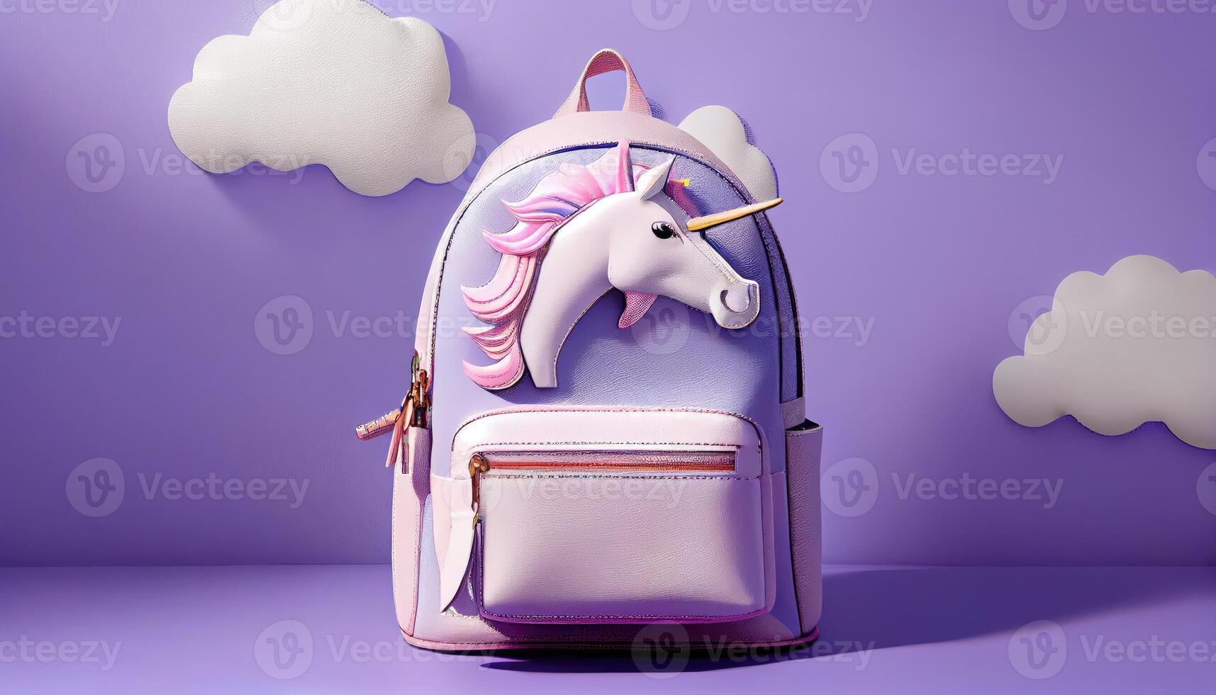 Cool unicorn kids girls leather backpack with decorative clouds and stars. Generate Ai. photo