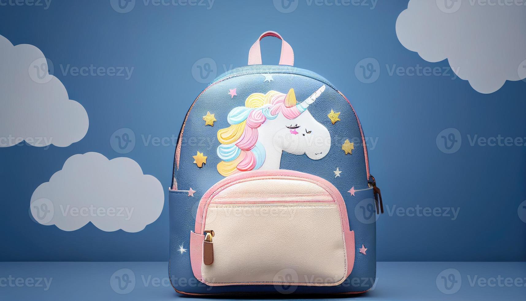 Cool unicorn kids girls leather backpack with decorative clouds and stars. Generate Ai. photo