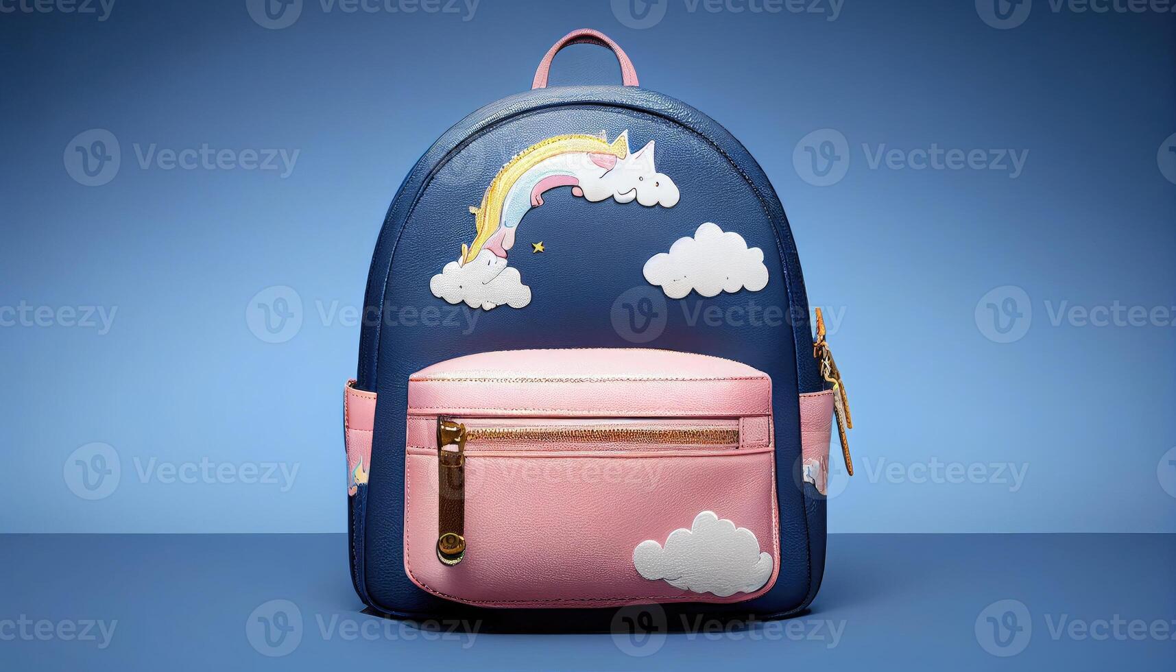 Cool unicorn kids girls leather backpack with decorative clouds and stars. Generate Ai. photo