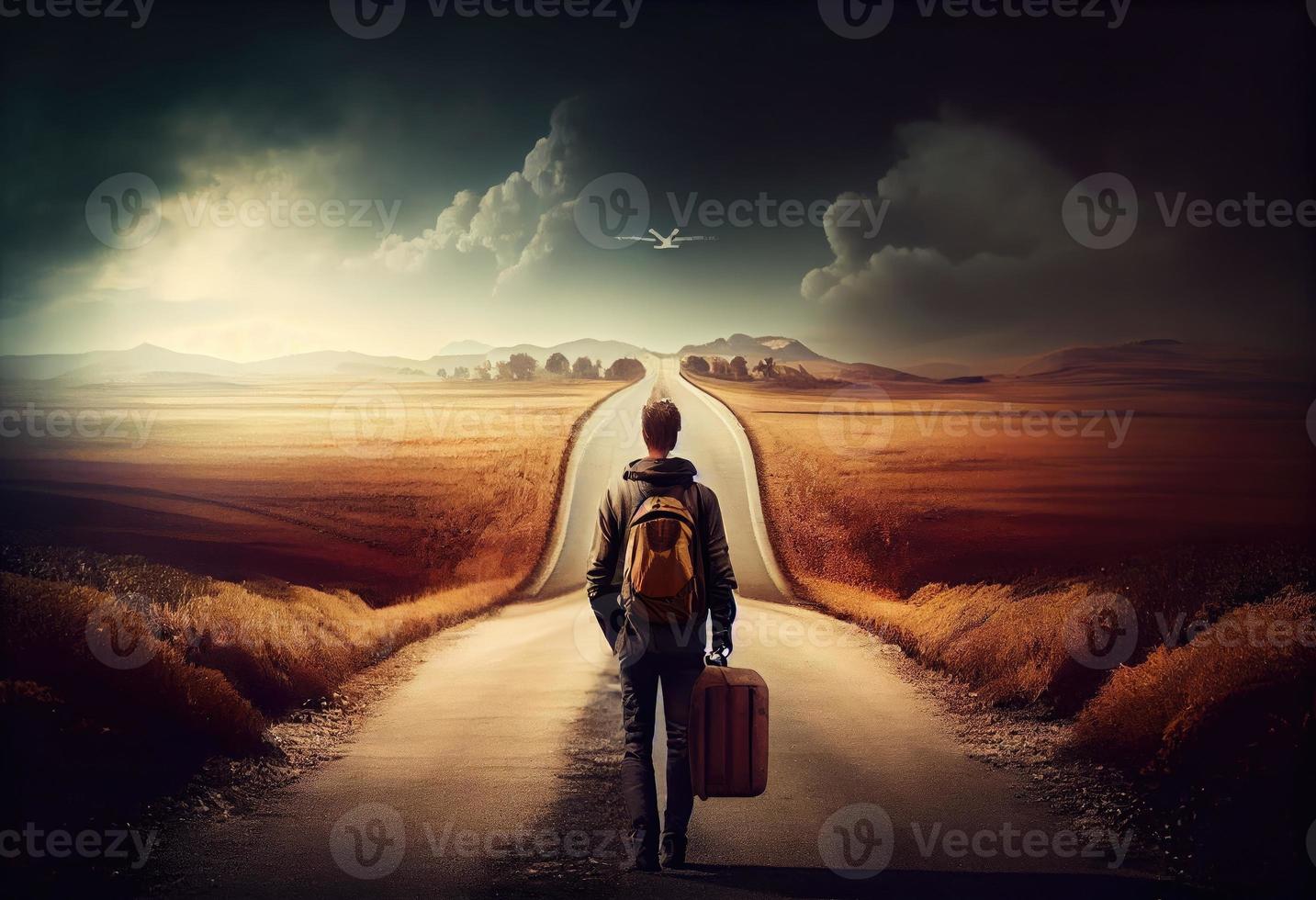 Young man goes on the road to the distance, the path to success. Generate Ai. photo