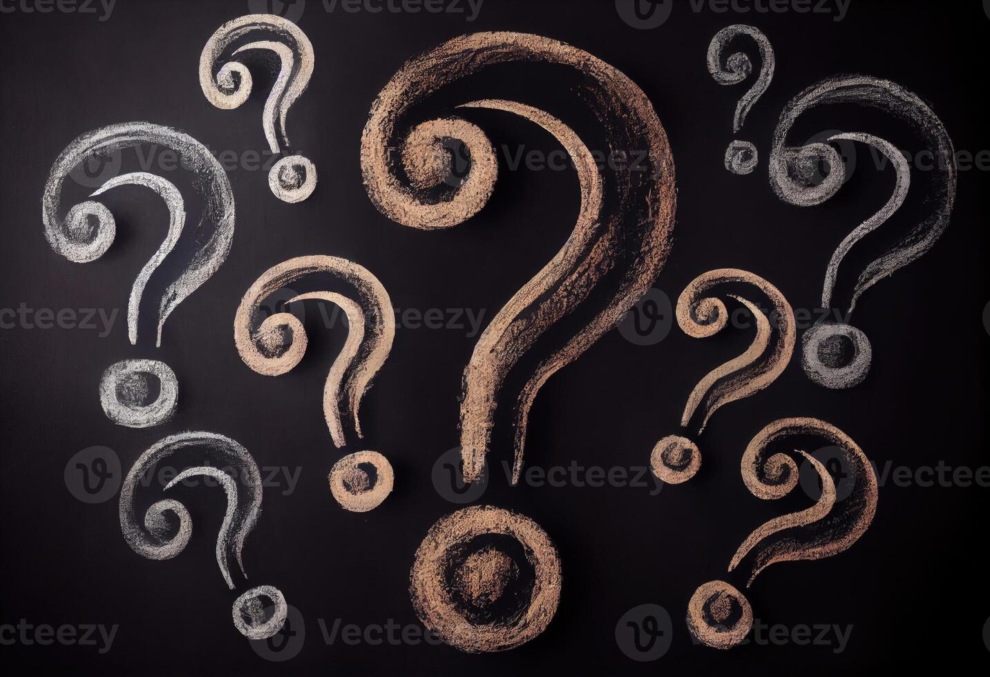 Question marks chalk drawing on blackboard background . Generate Ai. photo