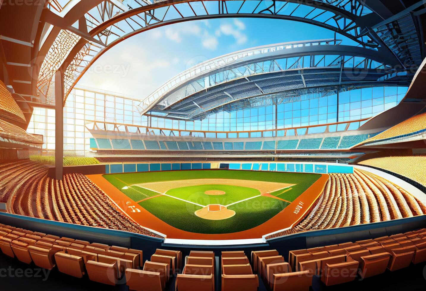 Grand baseball stadium field diamond daylight view, modern public sport building. Generate Ai. photo