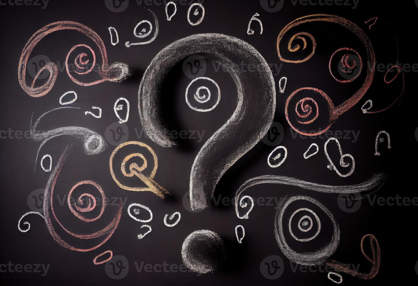 Question marks chalk drawing on blackboard background . Generate Ai. photo