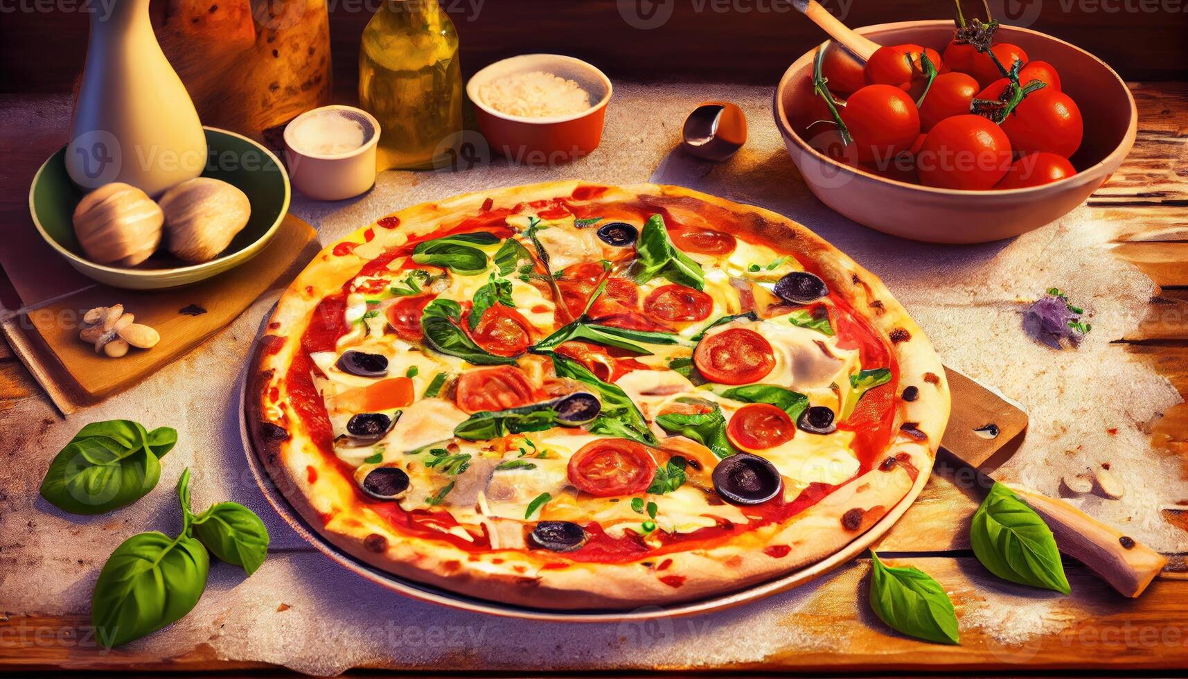 Delicious pizza on the table in a restaurant, Italian cuisine. Generate Ai. photo