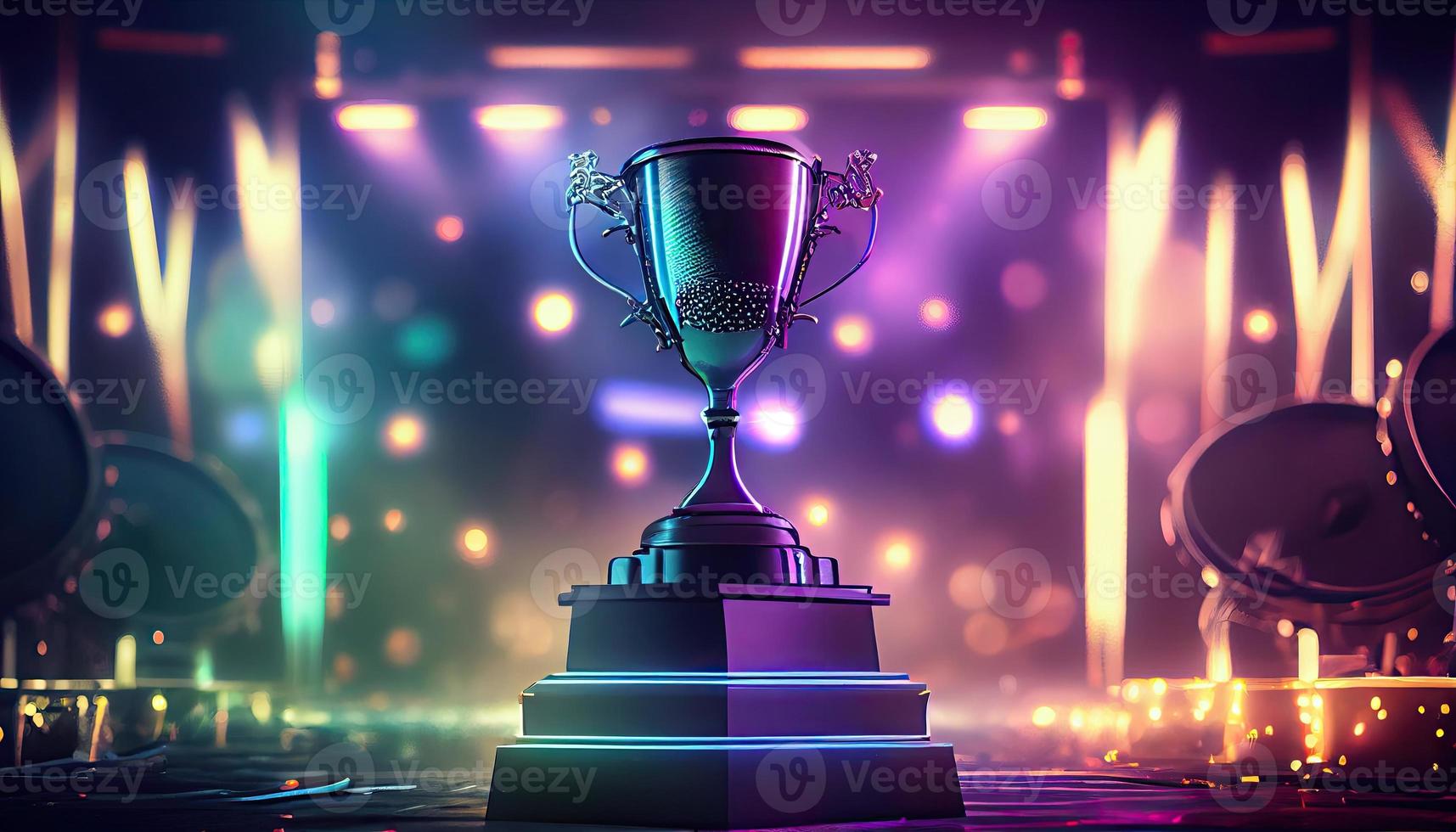 Winner trophy on a stage at studio illuminated by neon lights with blurred background. Generate Ai. photo