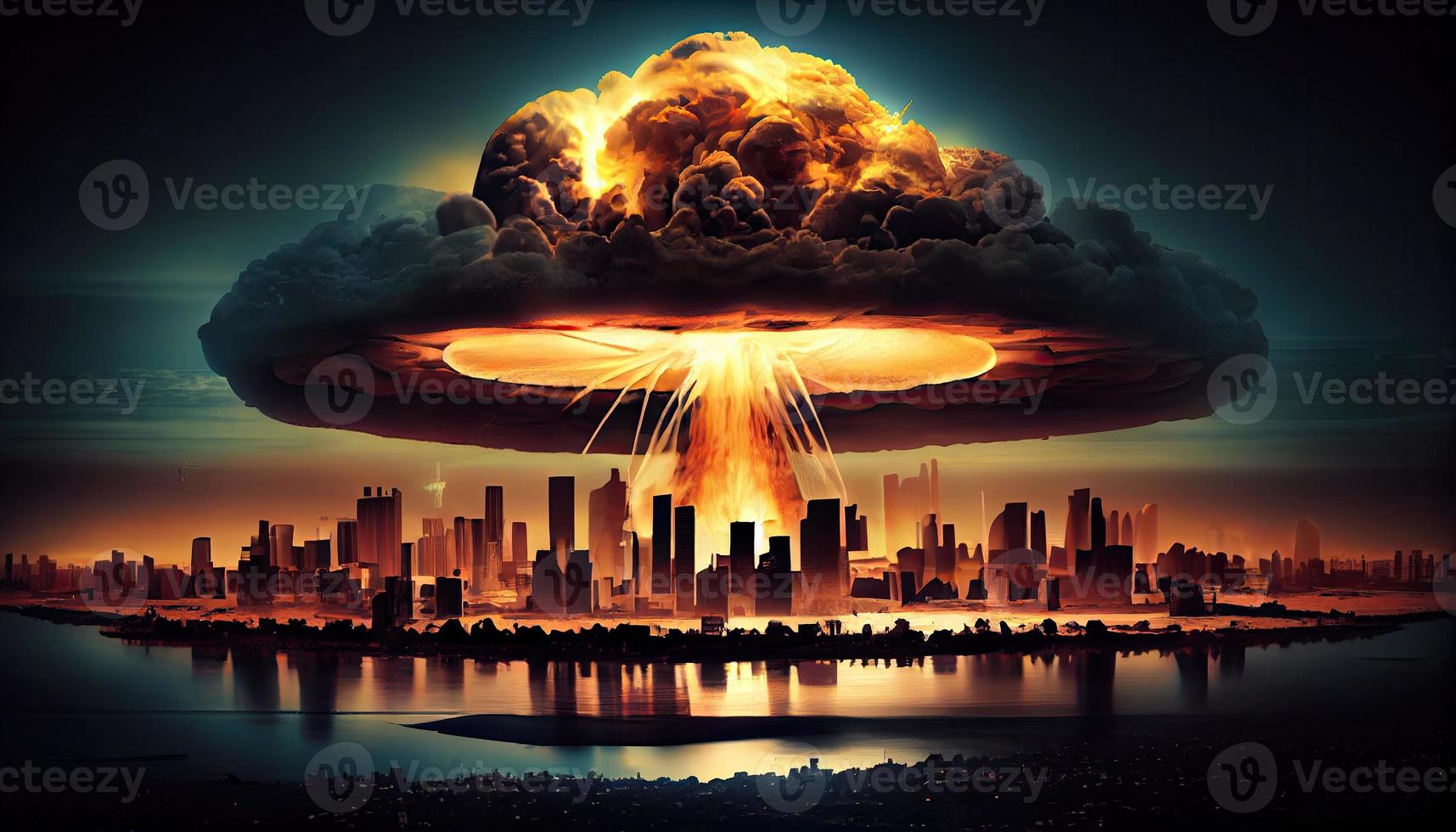 Big nuclear explosion mushroom cloud effect over city skyline for apocalyptical aftermath of nuclear attach . Generate Ai. photo