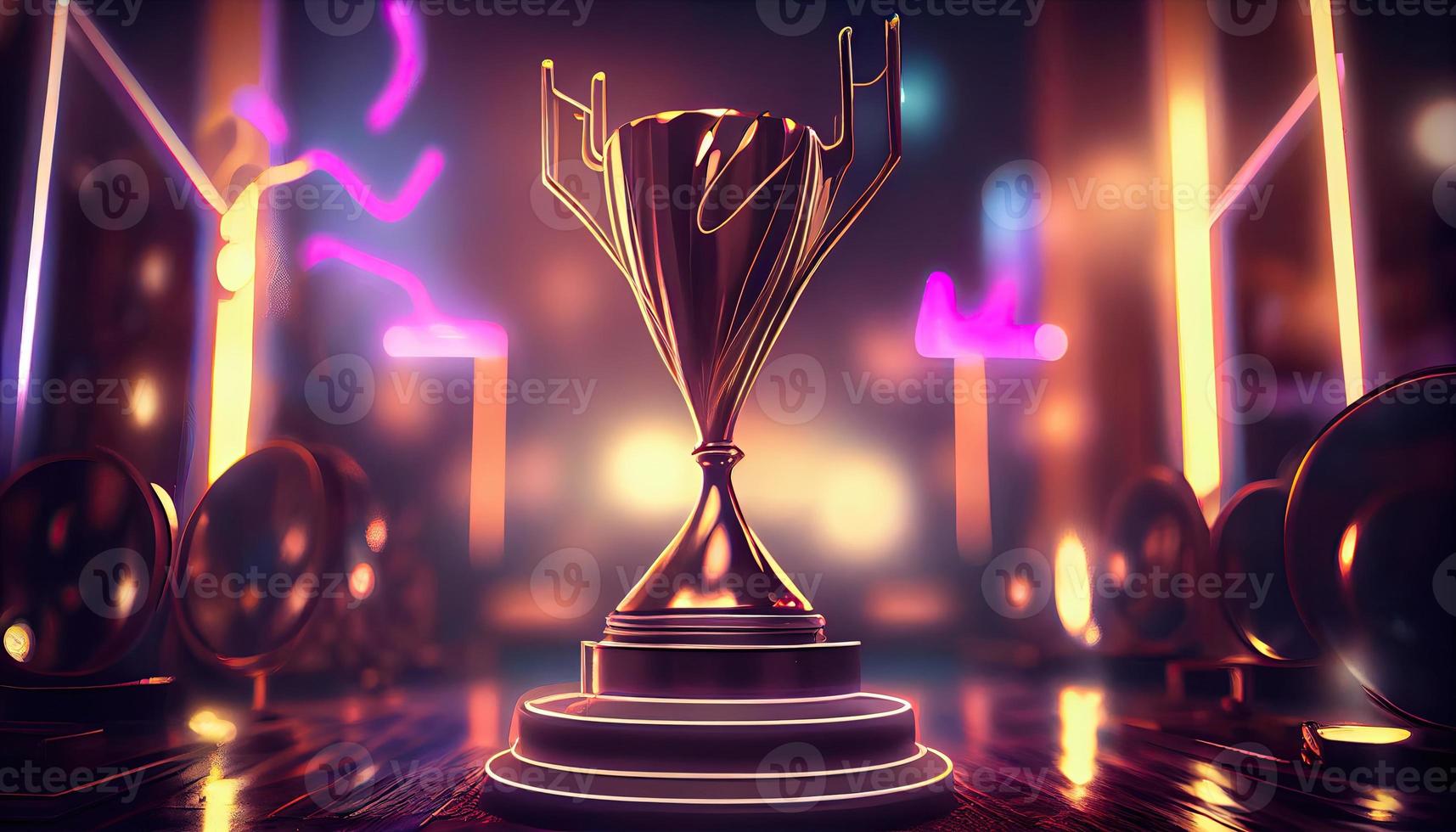 Winner trophy on a stage at studio illuminated by neon lights with blurred background. Generate Ai. photo