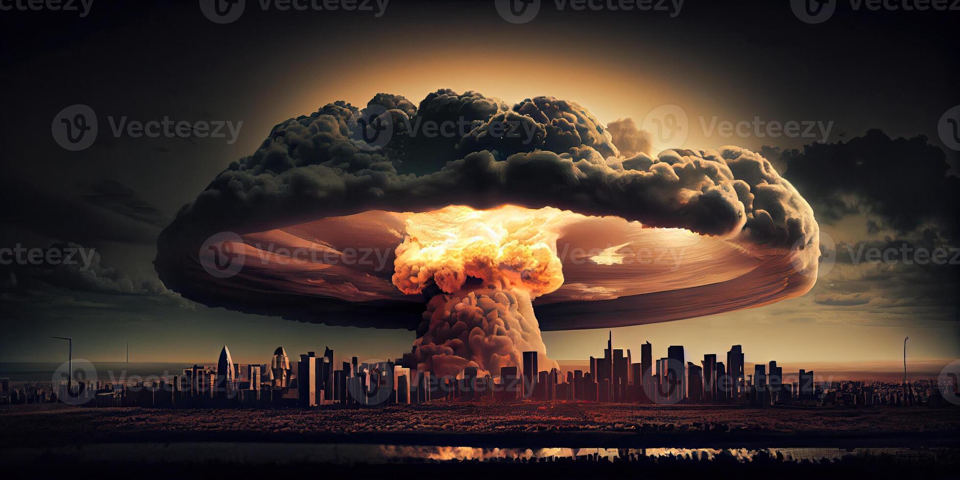 Big nuclear explosion mushroom cloud effect over city skyline for apocalyptical aftermath of nuclear attach . Generate Ai. photo